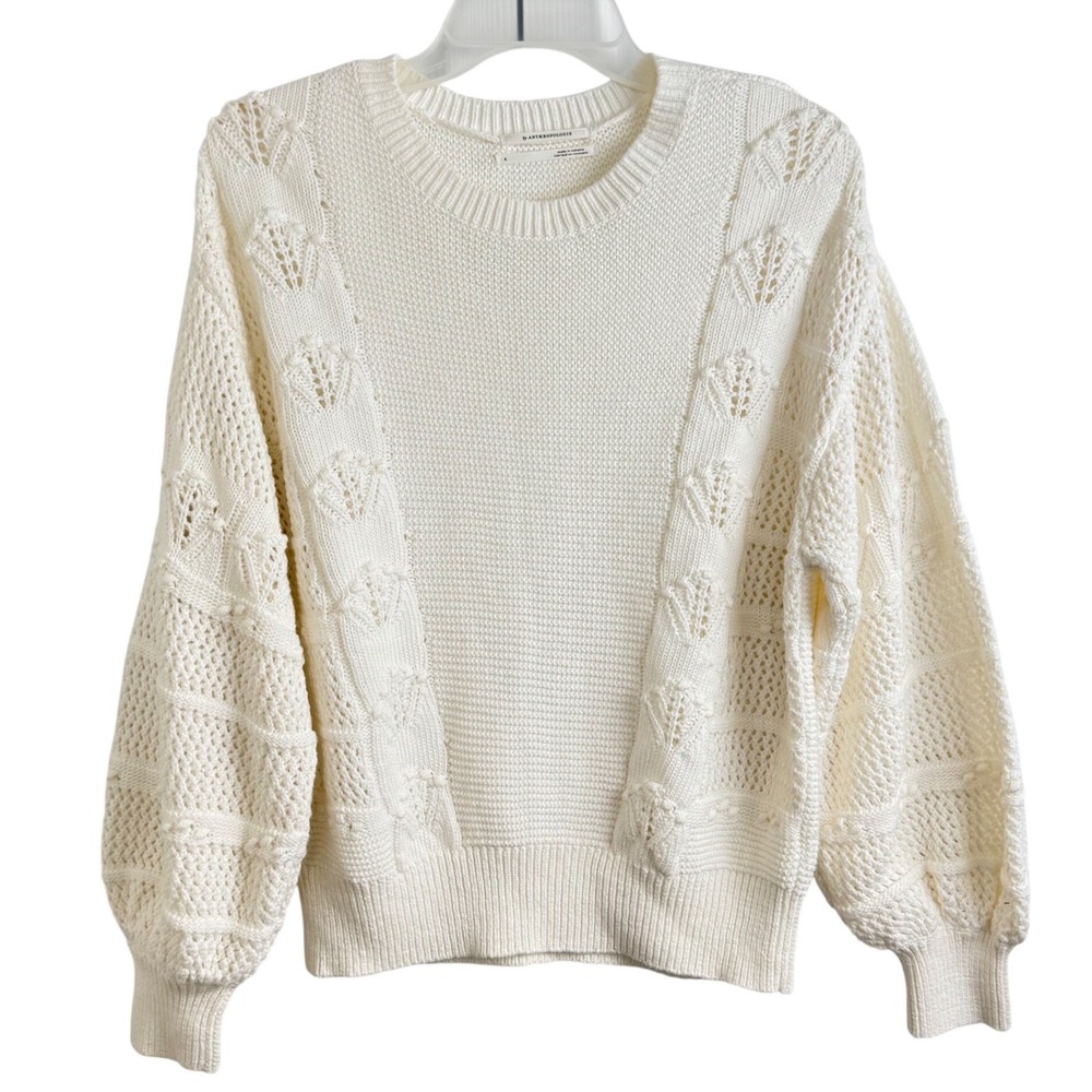 Anthropologie Pointelle Knit Sweater S Cream Balloon Sleeve Cottagecore Boho